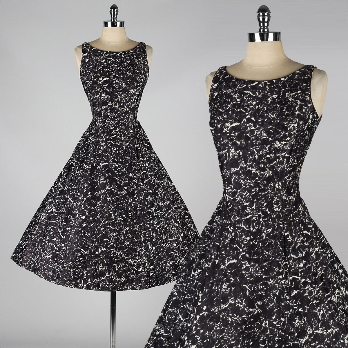 vintage 1950s dress . black white . jeweled polished cotton