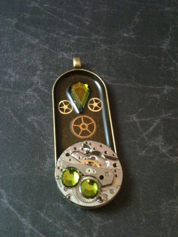 Green Crystal and Watch Movement Antiqued Brass Steampunk Necklace by DreaminSteam steampunk buy now online