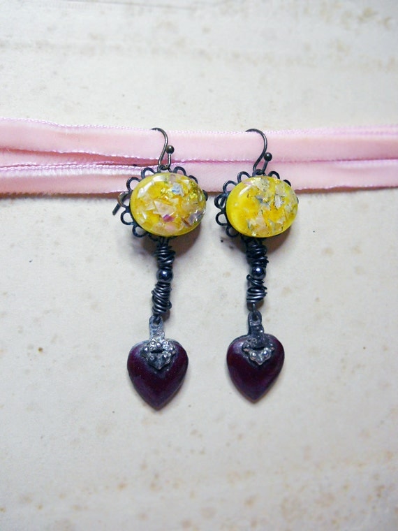 Rustic Earrings - Vintage Yellow Confetti Cabochons, Iridescent Purple Heart Charms - Steel Wire Wrapping - Rustic Sweetheart Jewelry