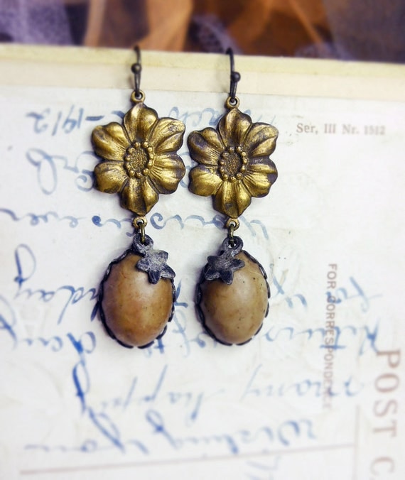 Rustic Assemblge Earrings - Vintage Brass Flowers, Italian Lucite Cabochons, Shabby Stars - Neutral Earthy - Starry Floral Spring Earrings