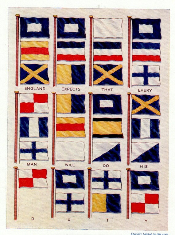 Antique nautical print SIGNAL FLAGS Semaphore flags nautical