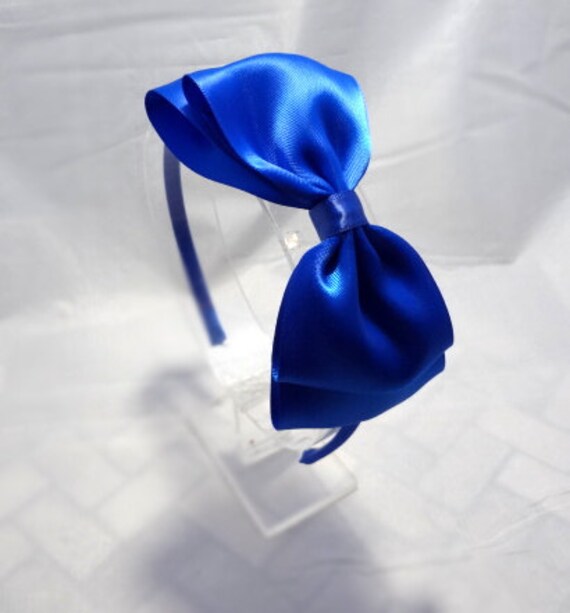 Blue Bow Headband. Royal Blue Satin Hair Bow Teen Headband