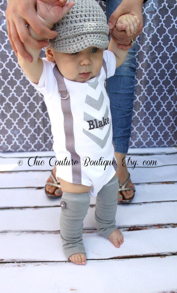 Baby Boy Suspenders and Tie Bodysuit Personalized Gray Chevron. Burgundy, Wedding, Baby Gift, Birthday Party Prop, Coming Home Outfit by ChicCoutureBoutique