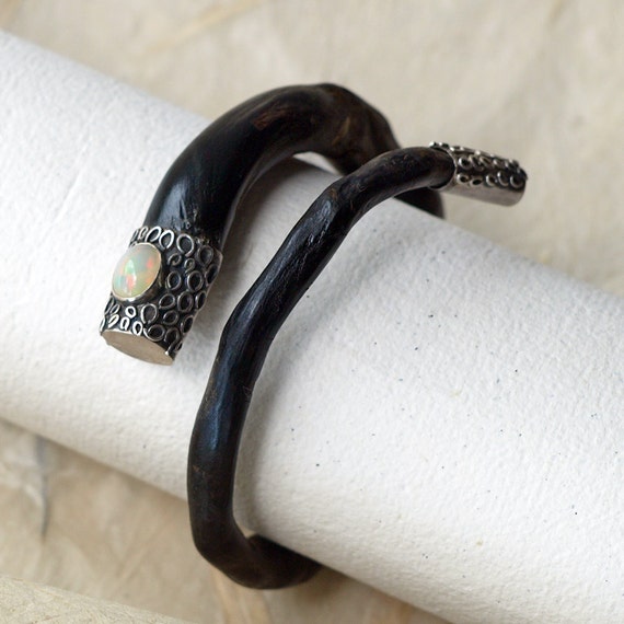 Black Coral Bangle Bracelet Gemstone Opal by mysticalCharm3