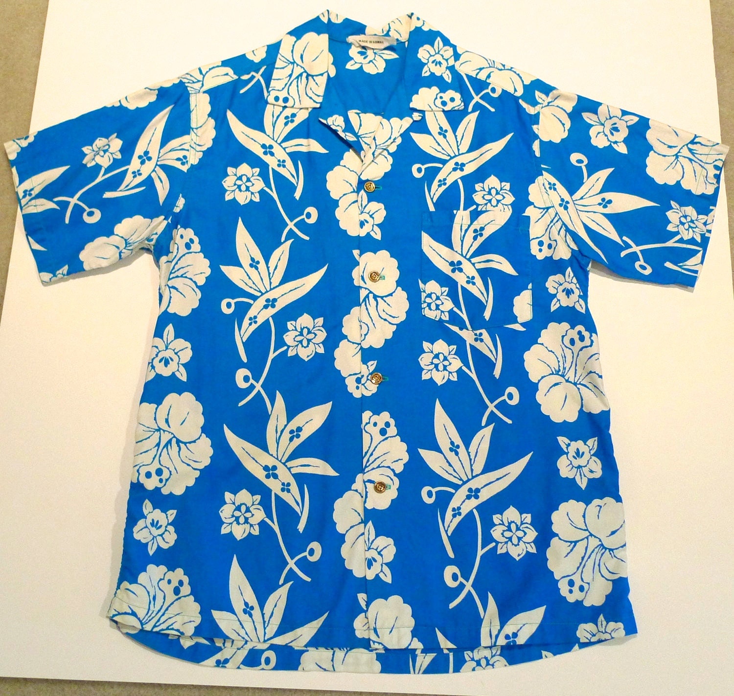 Hawaiian Shirt Mens Blue and White Tropical Print Vintage