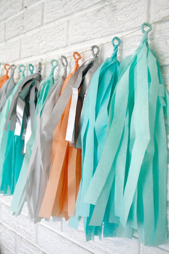 tissue fringe tassle garland ... beach wedding .... baby bridal shower // shabby chic cottage decor // aqua silver peach // mermaid Il_570xn
