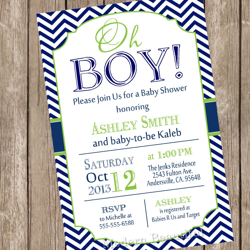 Oh Boy Baby Shower Invitation Navy and Lime Green Chevron