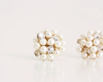 Wedding Jewelry Pearl and Rhinestone Cluster Stud Bridesmaid Earrings