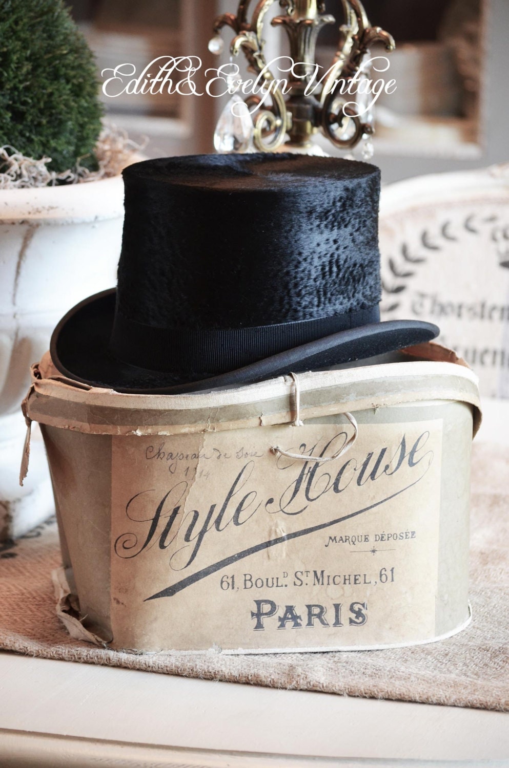 Antique French Top Hat with Original Paris Label Hat Box from