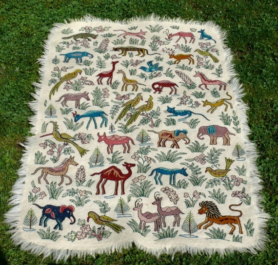 Vintage Animal Print Hand Emboridery Area Rug Kashmiri Crewel