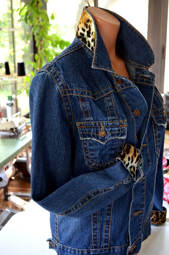 jean jacket jackets denim embellished leopard upcycled lace diverse decor jeans hisopal clothes