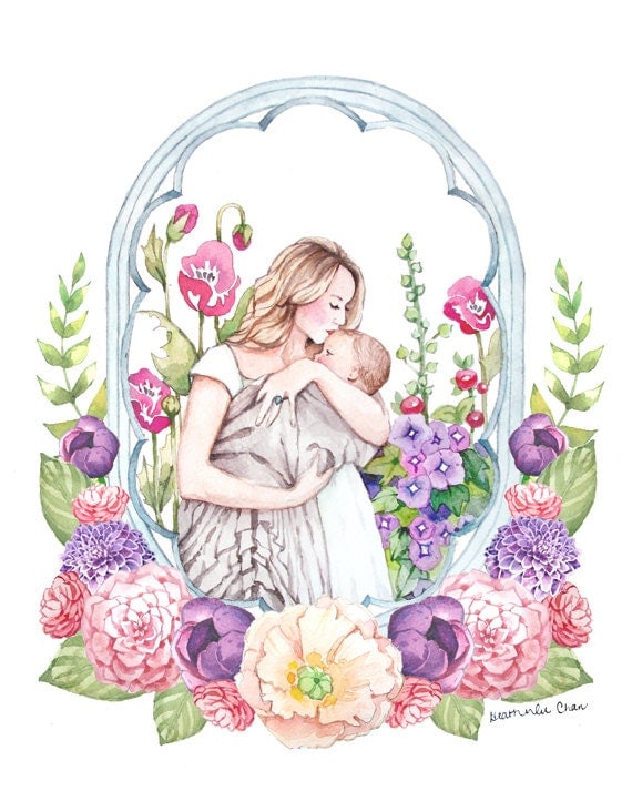 Mother and Child with Flowers Watercolor Print