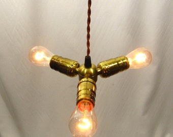 Industrial Chandelier Pendant 3 Brass Light Fixture Custom Made NYC