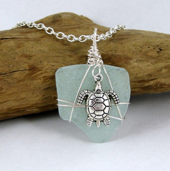Wire Wrapped Sea Glass Necklace with Sea Turtle by HCJewelrybyRose
