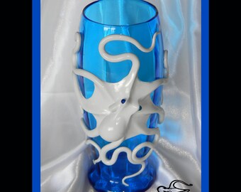 OOAK, The Cyan Seas Kraken, Aquamarine Blue Glass Vase with Octopus Sculpture by Elstwhen.