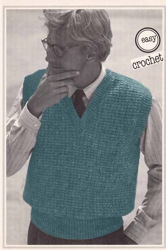 Mens V Neck Tank Top 1970s Vintage CROCHET & KNIT PATTERN
