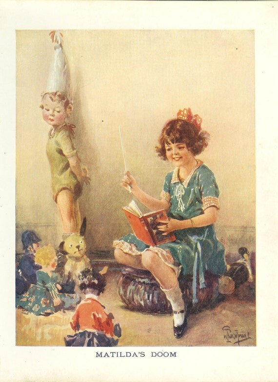 Vintage 1924 Childrens Print Girl Sitting On Stool Teaching Toys From Book Younger Sister Stands In Corner Wearing Dunce's Cap Book Plate