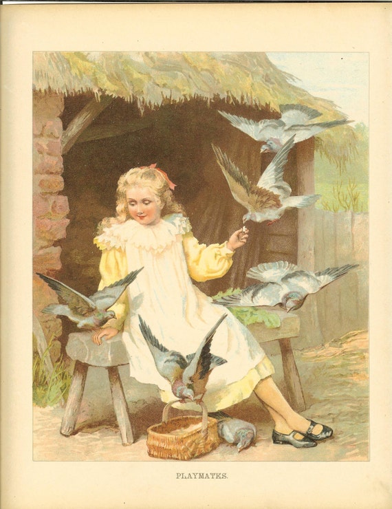 Edwardian 1900s Ernest Nister Antique Childrens Print  Blonde Haired Girl Sitting Wooden Bench Feeding Pigeons Wicker Basket Book Plate