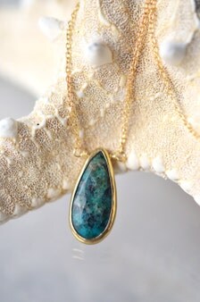 Long Green and Blue Chrysocolla Teardrop Edged in 24kt Gold Pendant ...