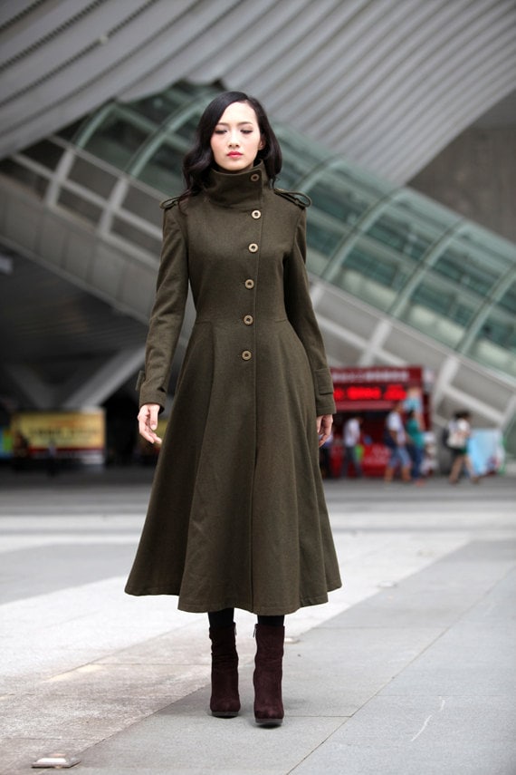 Army Green Coat Big Sweep High Collar Women Wool by Sophiaclothing