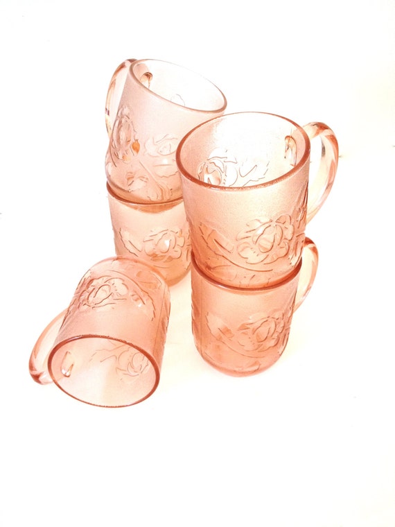 Arcoroc Pink Rose Glass Coffee Mugs Made in France