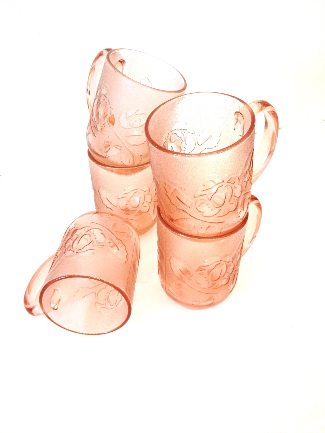 Arcoroc Pink Rose Glass Coffee Mugs Made in France