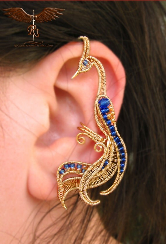 Golden peacock ear cuff