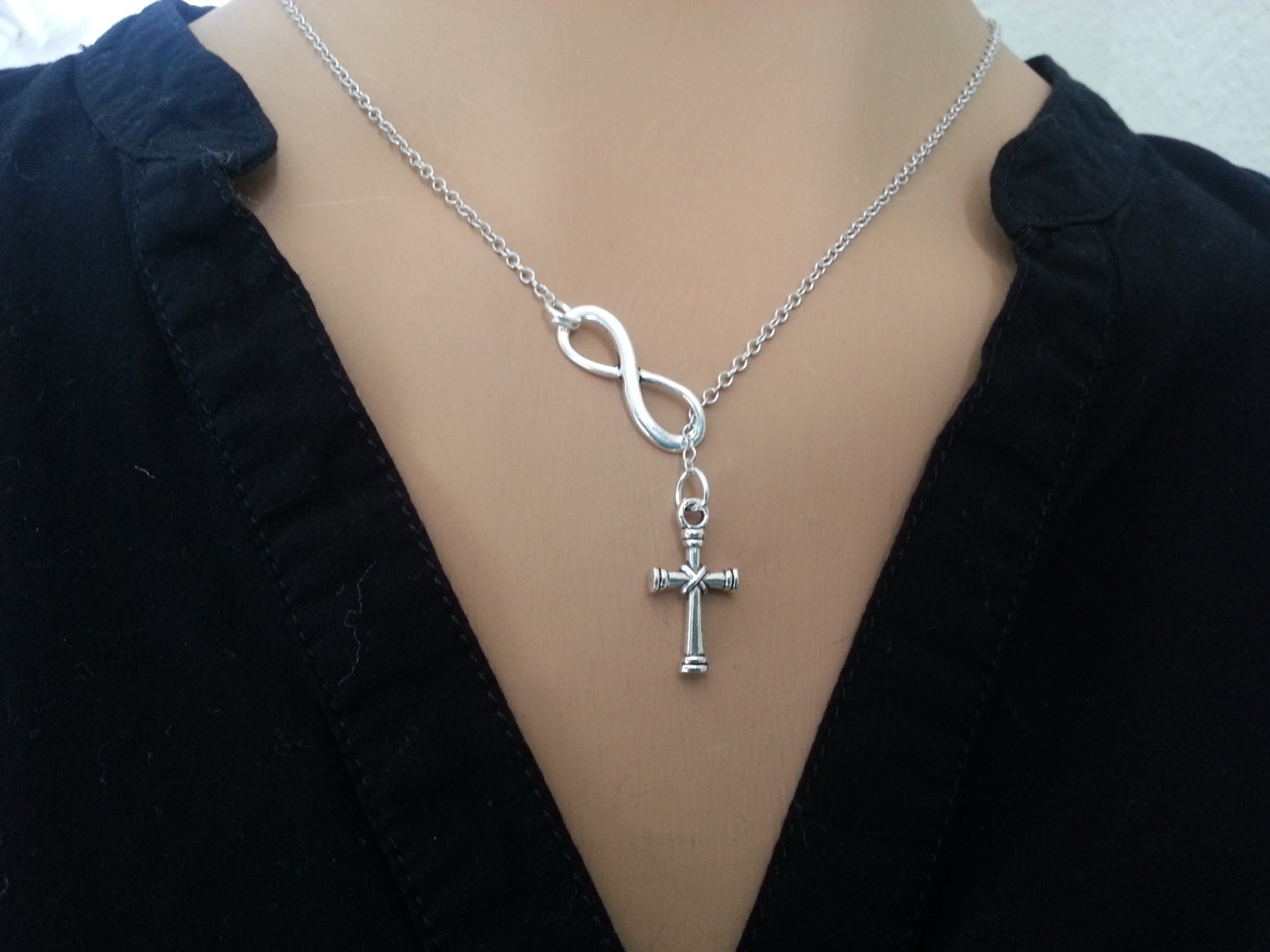 Lariat Style Infinity and Cross Necklace Silver Plated