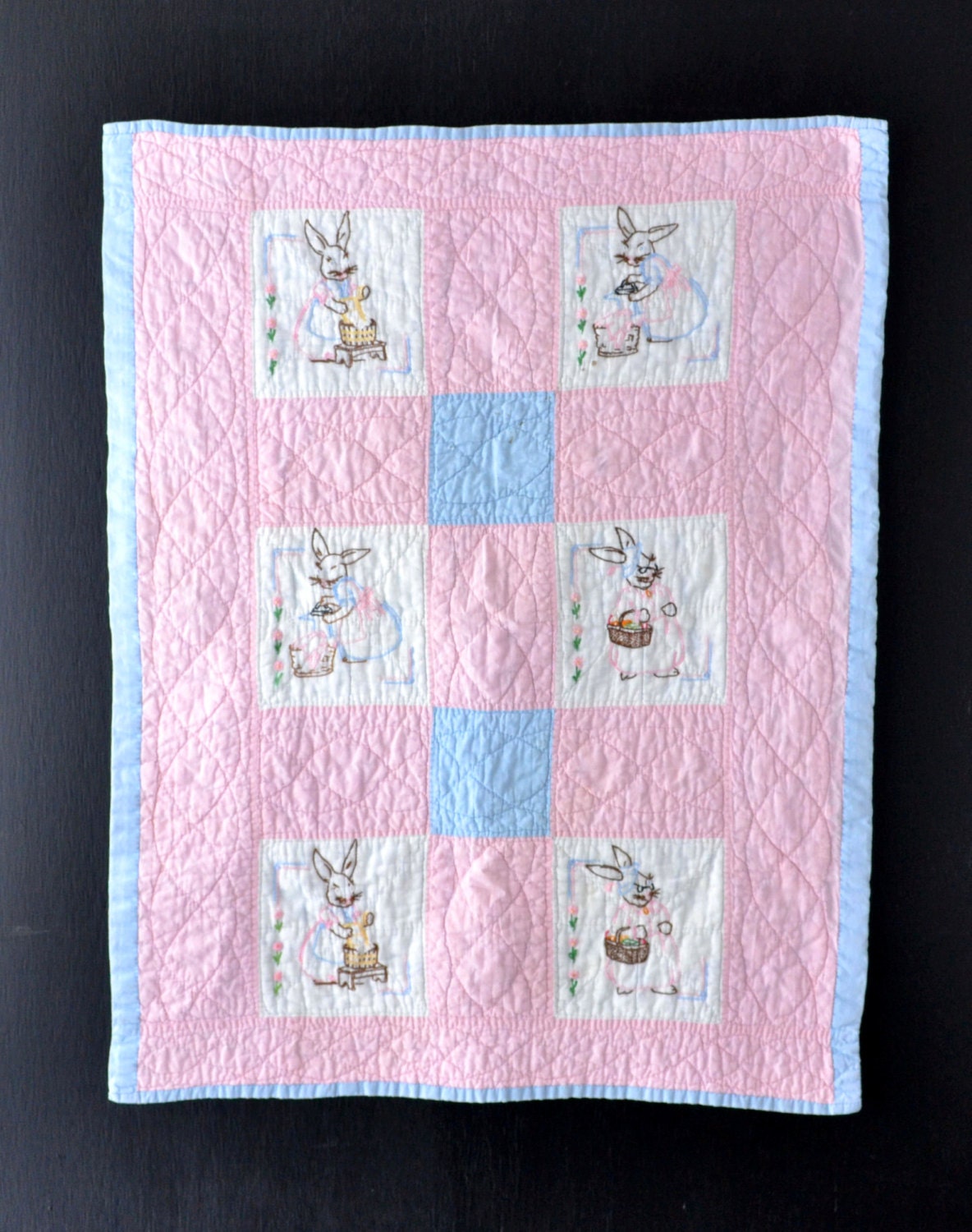 Vintage Baby Quilt Embroidered Bunnies Pink and Blue