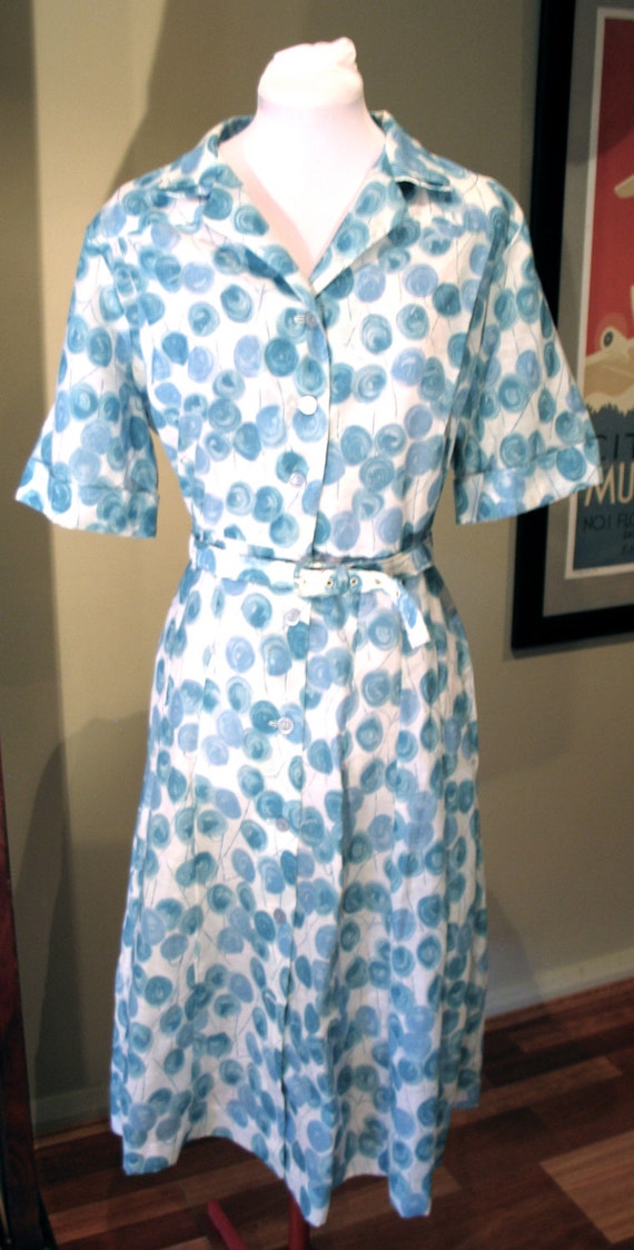 Vintage Late 1950s Blue and White Dress - XL