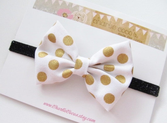 Metallic Polka Dot Headband-Baby/Girls White and Gold Metallic Polka Dot Bow with Black Glitter Headband