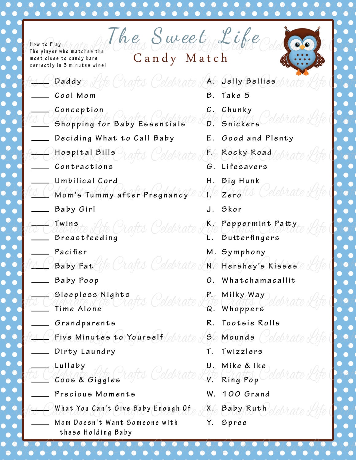 shower baby restaurant game Game Candy Baby Sweet by Life Match Shower CelebrateLifeCrafts Bar