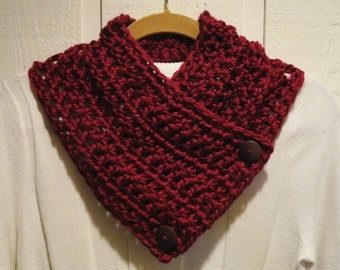 Crochet Scarflette Cowl Wine Burgundy Two Wood Buttons CLASSIC Style Neckwarmer Scarf