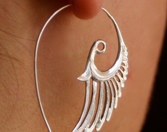feather earrings - silver hoop earrings - wing earrings - Solid Sterling Silver - feather