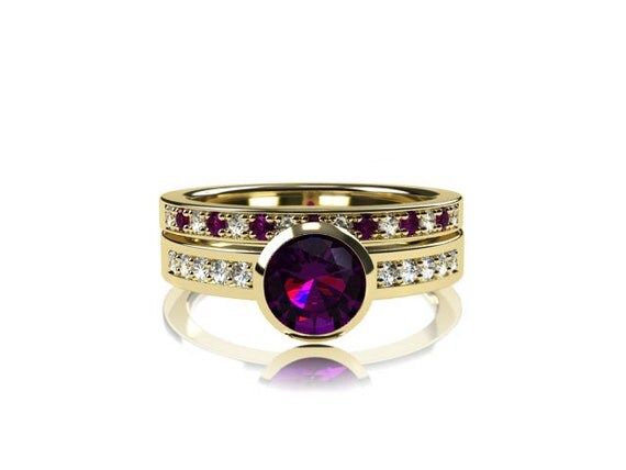 Amethyst engagement ring set, diamond engagement ring, bezel, yellow gold engagement ring, unique, purple engagement, amethyst wedding band