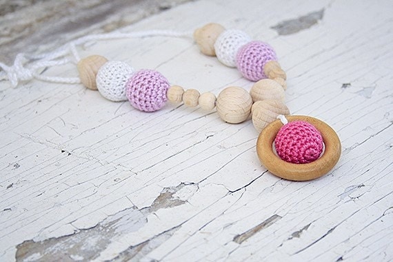 Crochet Wood Bead Teething Necklace Baby Nursing Necklace Gift for a mom Pink Purple nursing necklace for Baby girls