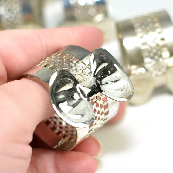 Silver Bow Napkin Rings 6 Metal Filigree Holders by OneRustyNail