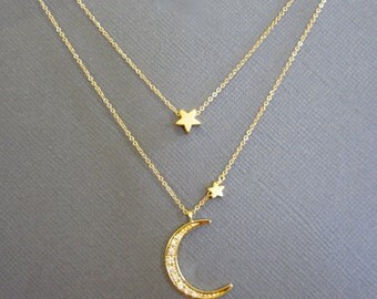 Moon Necklace, 18k Vermeil Crescent Moon Necklace, I Love You To The Moon And Back, Star Necklace, gift for mom, Layered Necklace, muse411