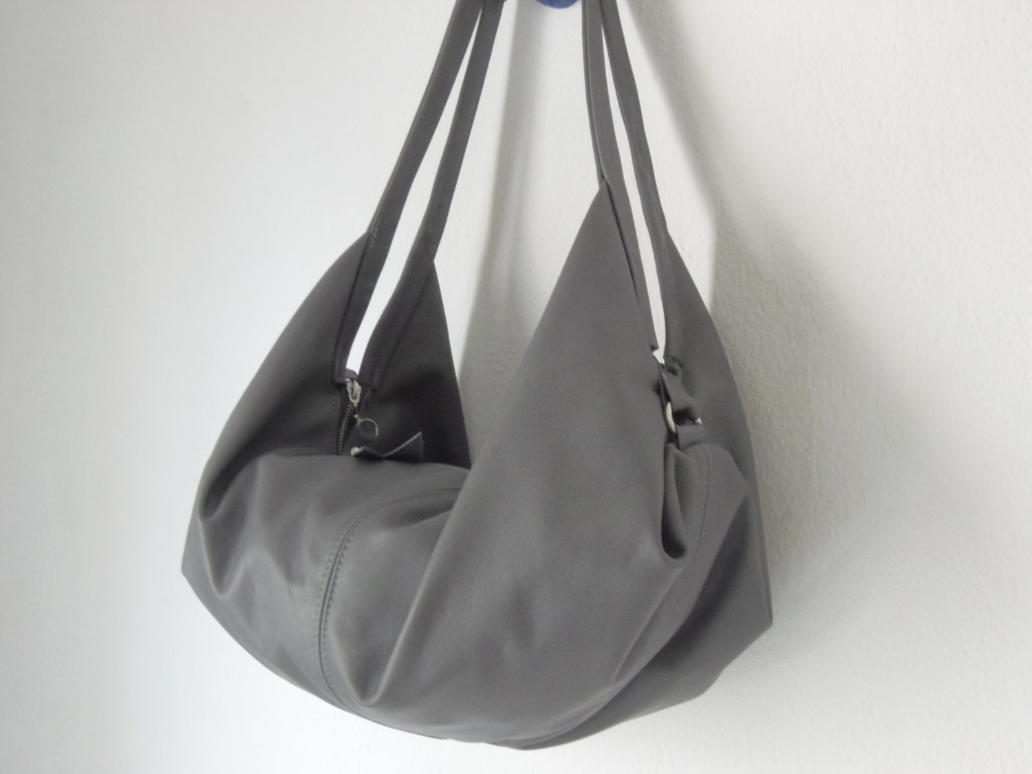 Grey leather shoulder bag Soft grey hobo bag Grey leather