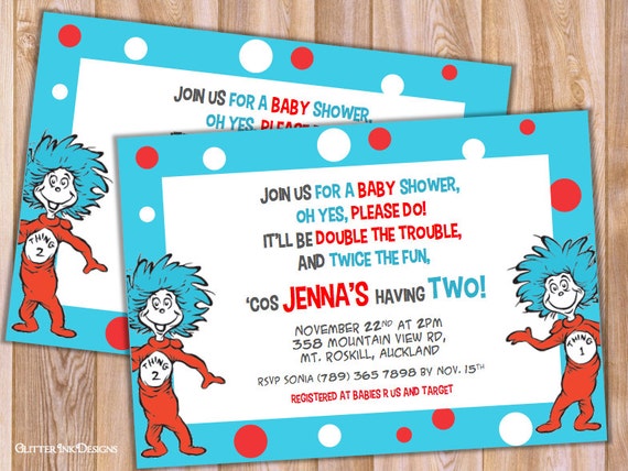 Twins Baby Shower PERSONALIZED invitation - Dr Seuss Thing 1 & Thing 2 ...
