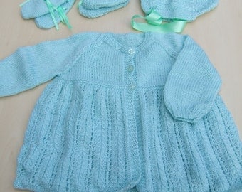 Hand knitted baby matinee cardigan bonnet booties and mittens set in mint green 6 - 12 months - knitted baby clothes - matinee set
