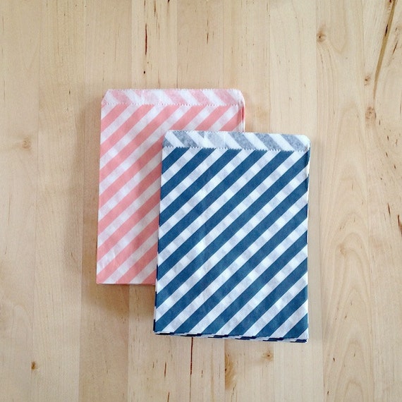 24 Baby Pink and Navy Diagonal Stripe Treat Bags - DIY Party - Supplies Il_570xn
