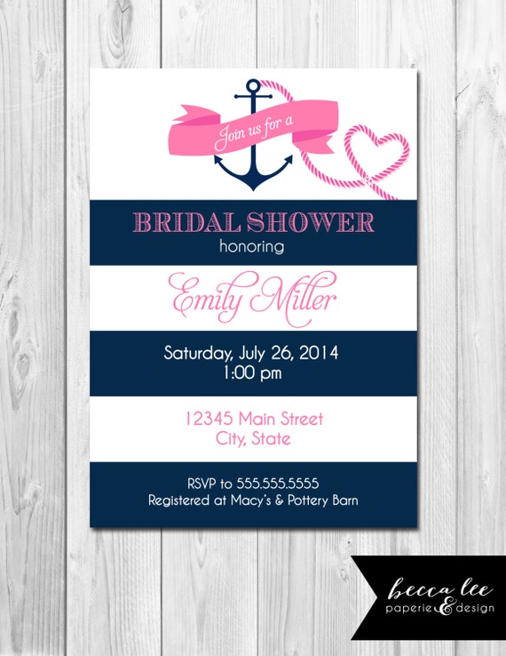 Bridal Shower, Bachelorette Party, Engagement Party Invitation - Pink and Navy Nautical - Heart Rope and Anchor - DIY - Printable Il_570xn