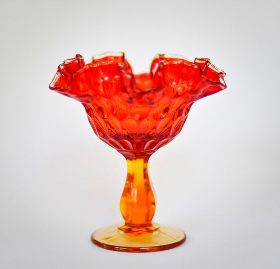 Red and Orange Glass Vintage Bowl Vase Ruffled Edge Compote