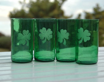 Etched Shamrock Irish Green Beer Bottle Glasses -Set of 2