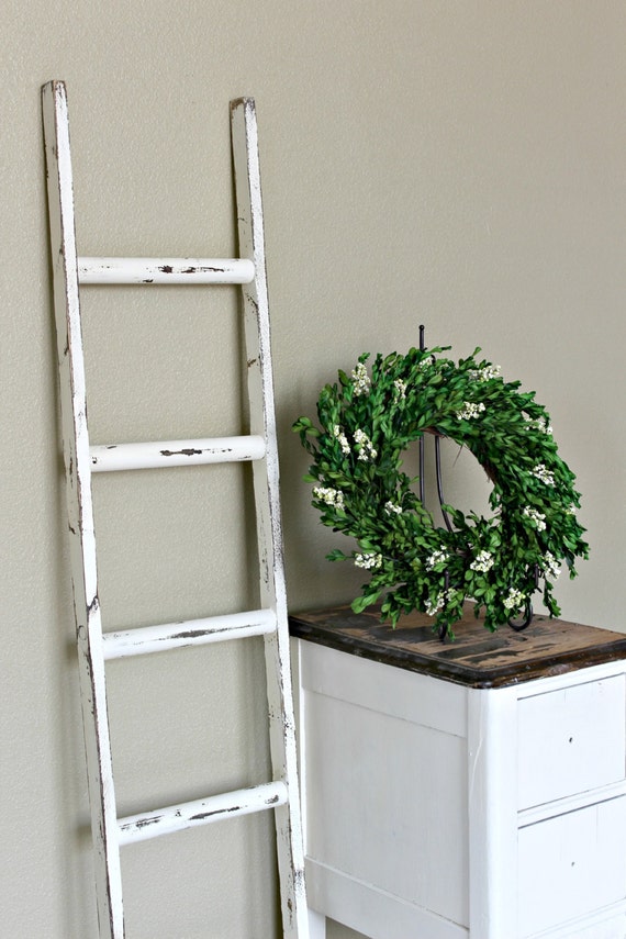 living room rustic uk rack, Vintage pot Rustic, White distressed Wood Ladder Blanket Ladder,