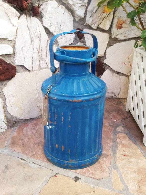 Rare Antique Shell 5 Gallon Gas Oil Blue Metal Drum Can