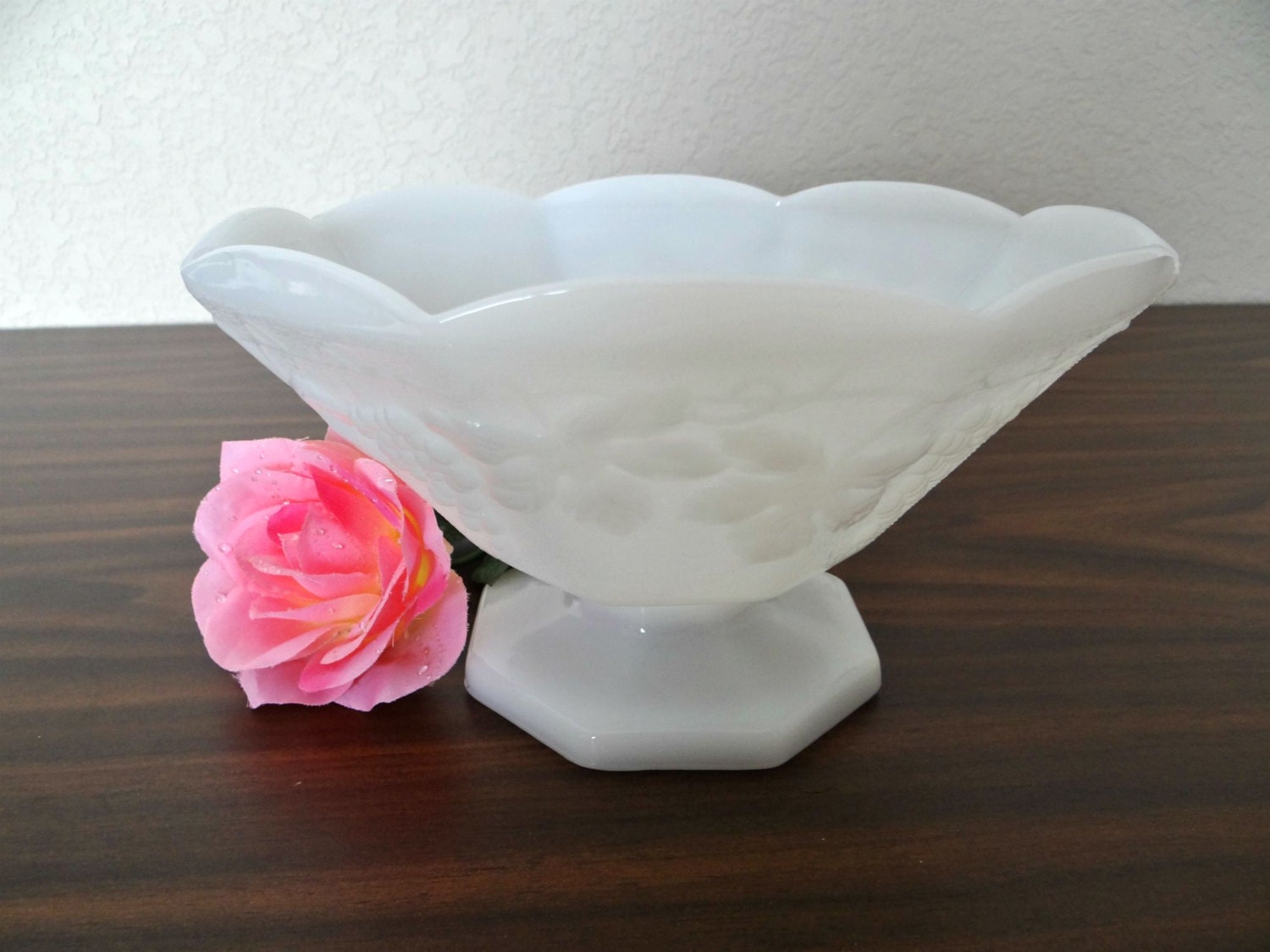 Vintage White Milk Glass Large Pedestal Paneled Serving Bowl