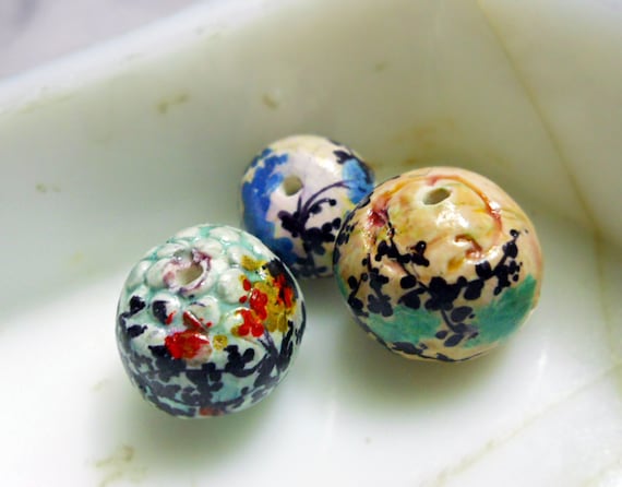 RESERVED - 2 Lots Polymer Clay Beads - 3 Rustic Illustrated Floral Beads plus 8 Glazed Beads - Leafy Branches & Colorful Flowers