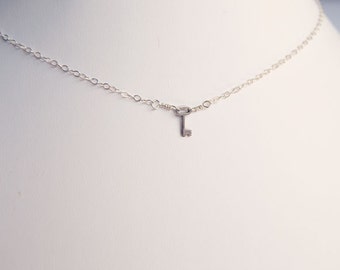 Key Necklace Sterling Silver, Mini Skeleton Key Charm Pendant, Simple Necklace, Dainty Necklace, LIJ13052